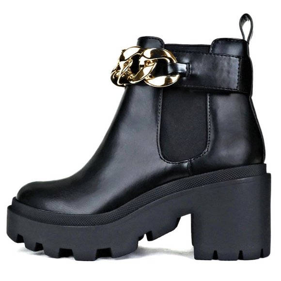 Shoes - New Women Black Removable Gold Chain Chelsea Platform Chunky Ankle Boots Booties